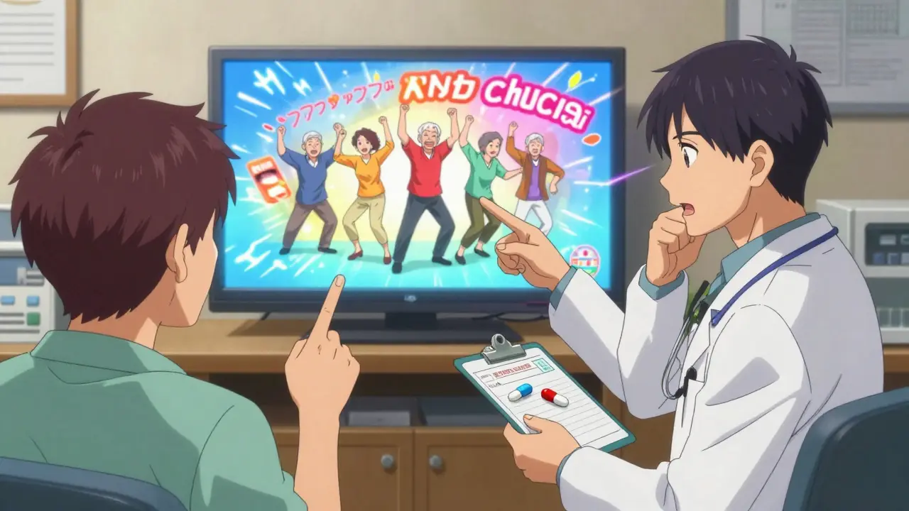 A patient points at a TV drug ad in a doctor's office, as the doctor holds two pills — one branded, one generic.