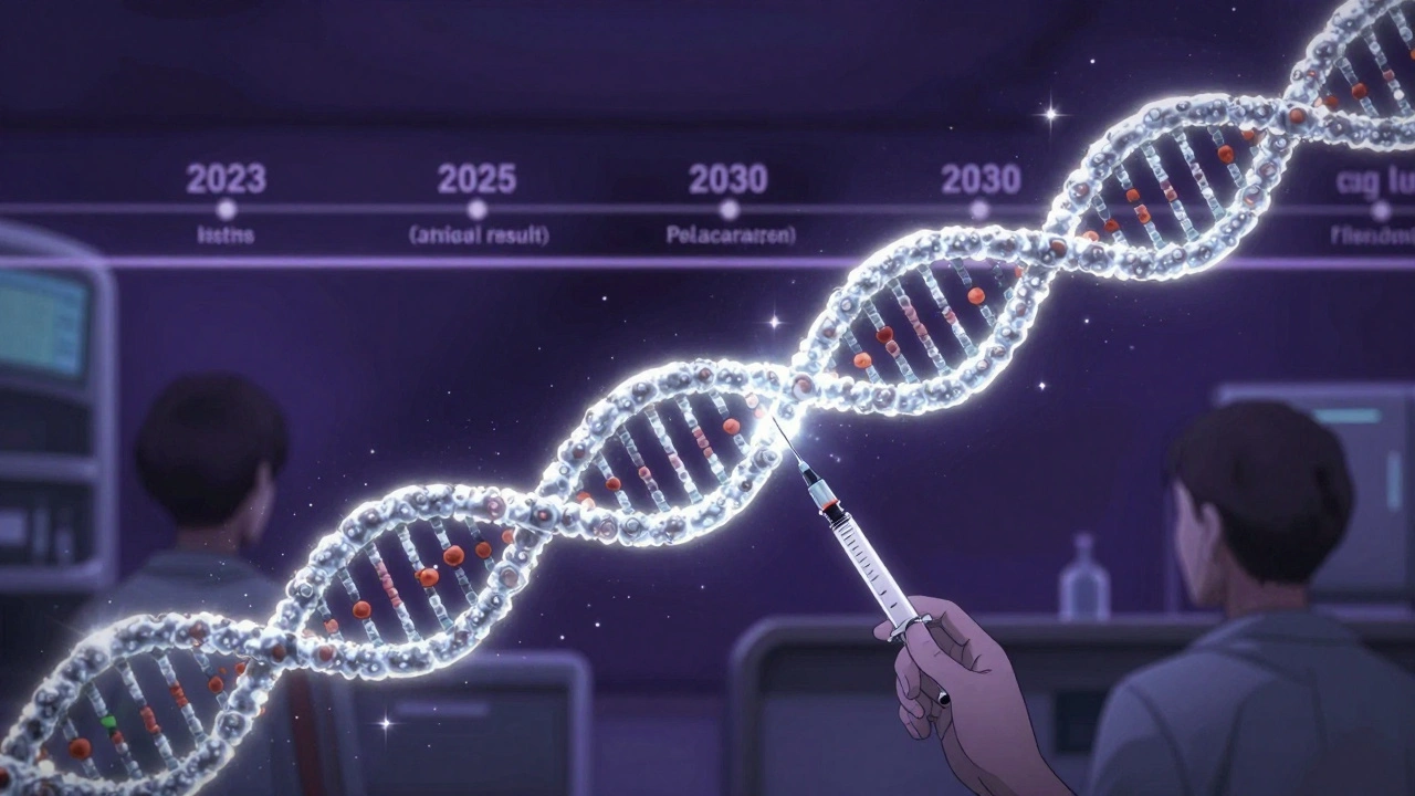 A patient receiving a revolutionary injection that breaks apart a giant Lp(a) molecule in a futuristic clinic.