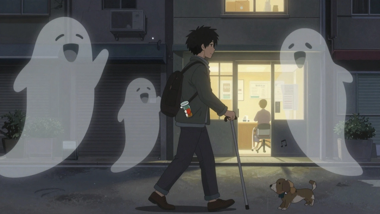 A person walks through a fading world, surrounded by ghostly memories of joy, heading toward a glowing therapy office.