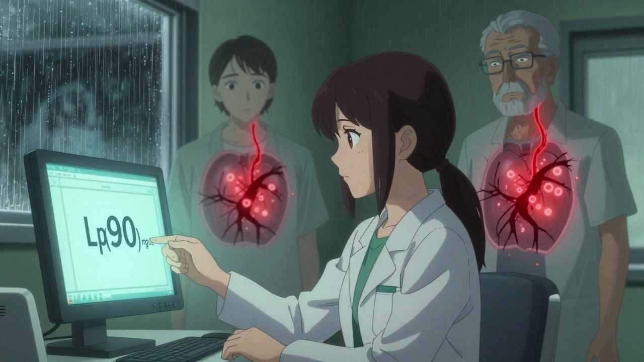 A woman receiving high Lp(a) test results, with ghostly family members showing inherited genetic risk.