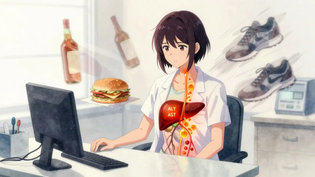 A woman with transparent body revealing elevated liver enzymes and bile flow, surrounded by fading lifestyle symbols.