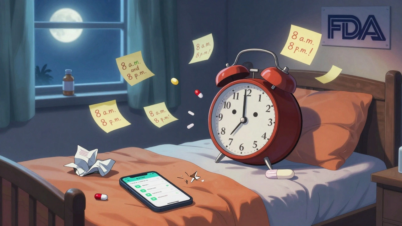 Alarm clock shaped like a pill reminding a patient to take medicine at 8 a.m. and 8 p.m., with floating sticky notes and medication app on phone.