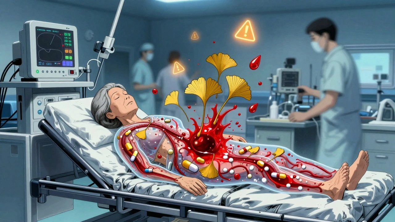 An elderly woman in an ER with transparent body showing dangerous supplement-drug interactions.