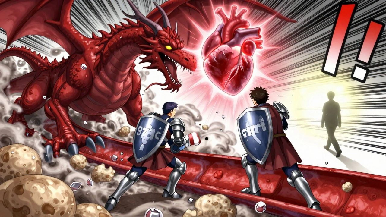 Armored warriors fighting LDL dragon inside an artery, heart glowing safely above.