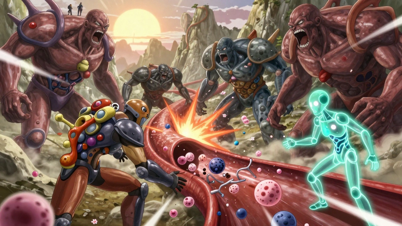 Battle inside a blood vessel: TNF-alpha titans fought by five armored biologic warriors, with a guardian protecting healthy cells.