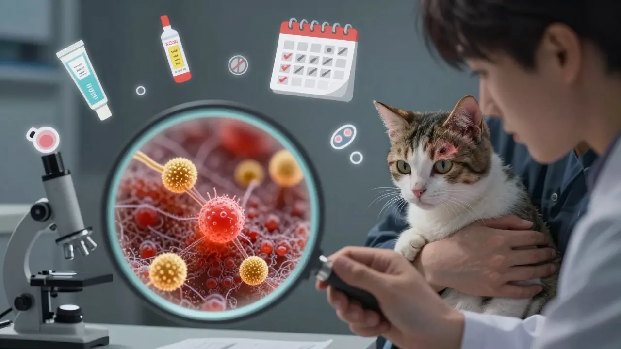Dermatologist examining skin sample under magnifying glass, glowing fungal threads visible, patient holding cat with bald patch.