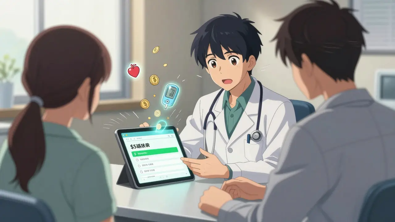 Doctor and patient reviewing real-time drug cost tool, generic option highlighted in green with medical icons dissolving into coins.