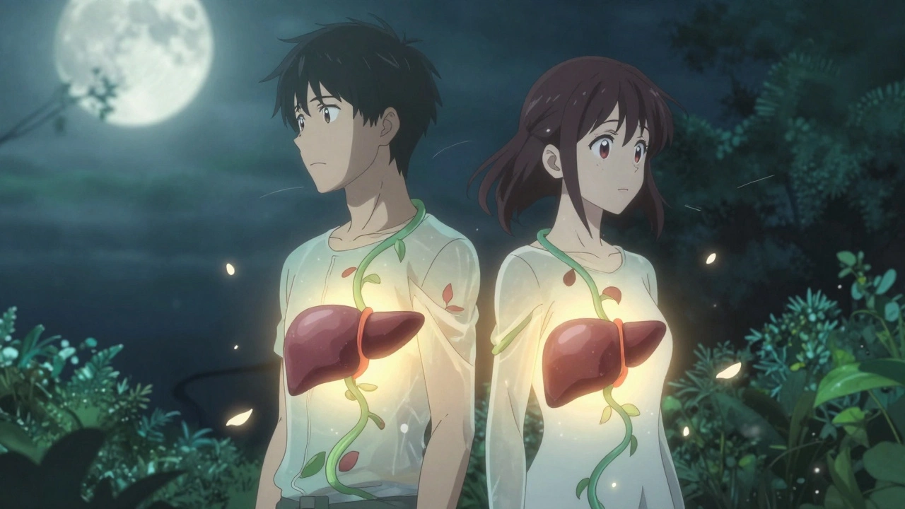 Donor and recipient back-to-back in a garden, translucent regenerating livers connecting them like glowing vines.