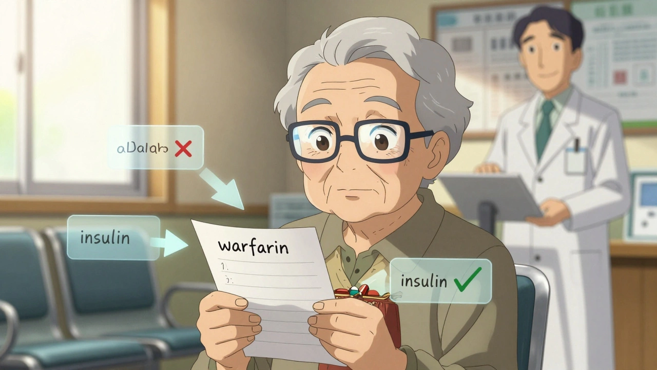 Elderly patient holding medication list with floating icons showing correct and incorrect pills in clinic