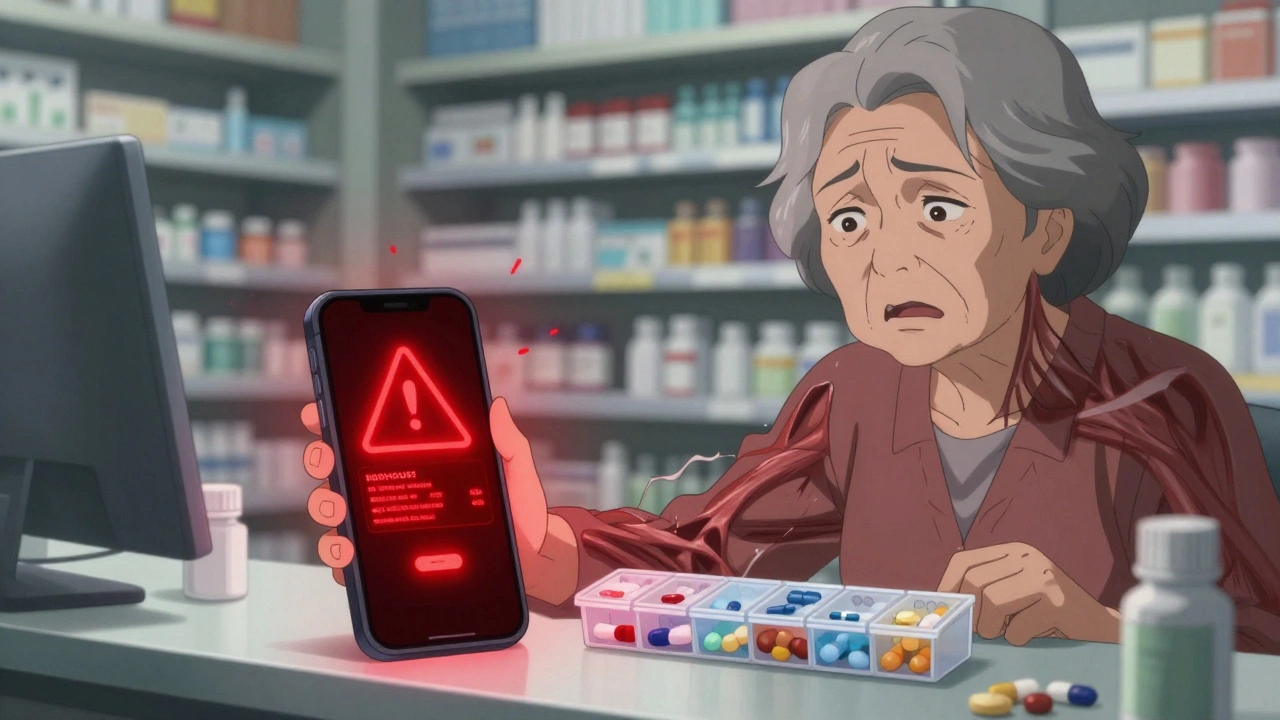 Elderly woman staring at pill organizer as warning alert glows on phone