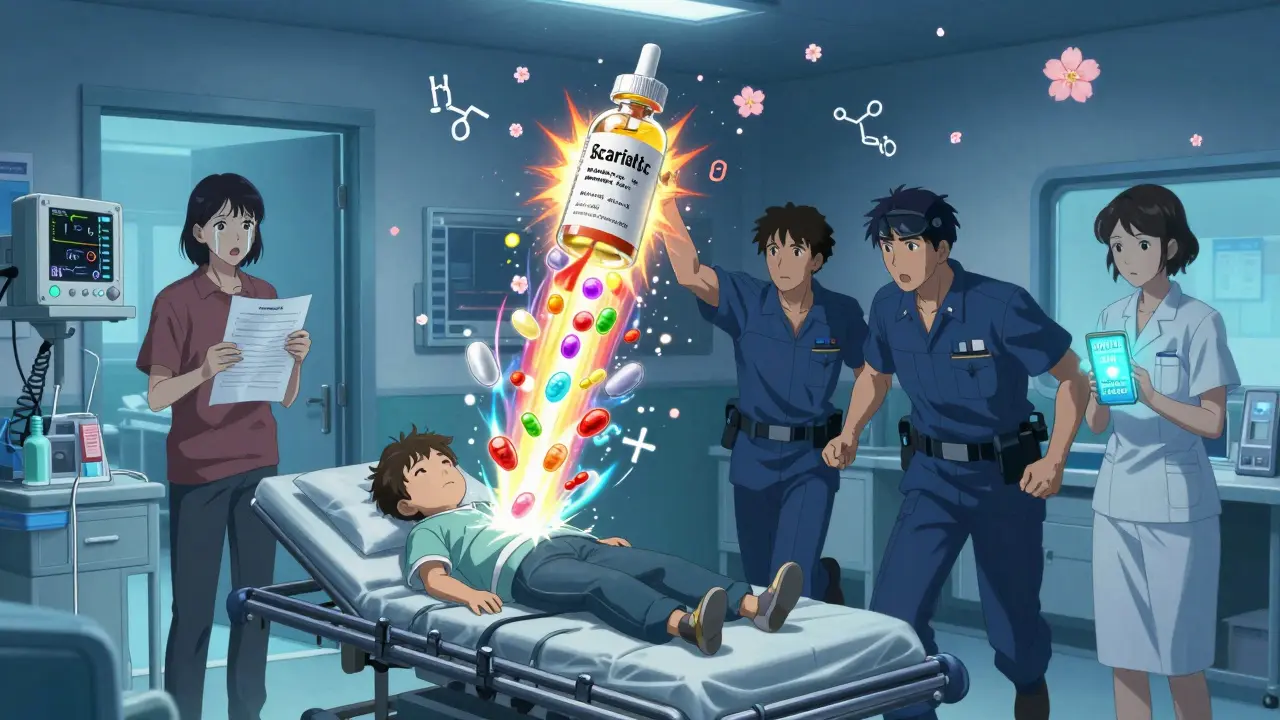 Emergency room scene with child on gurney as medicine bottle glows with active ingredients.