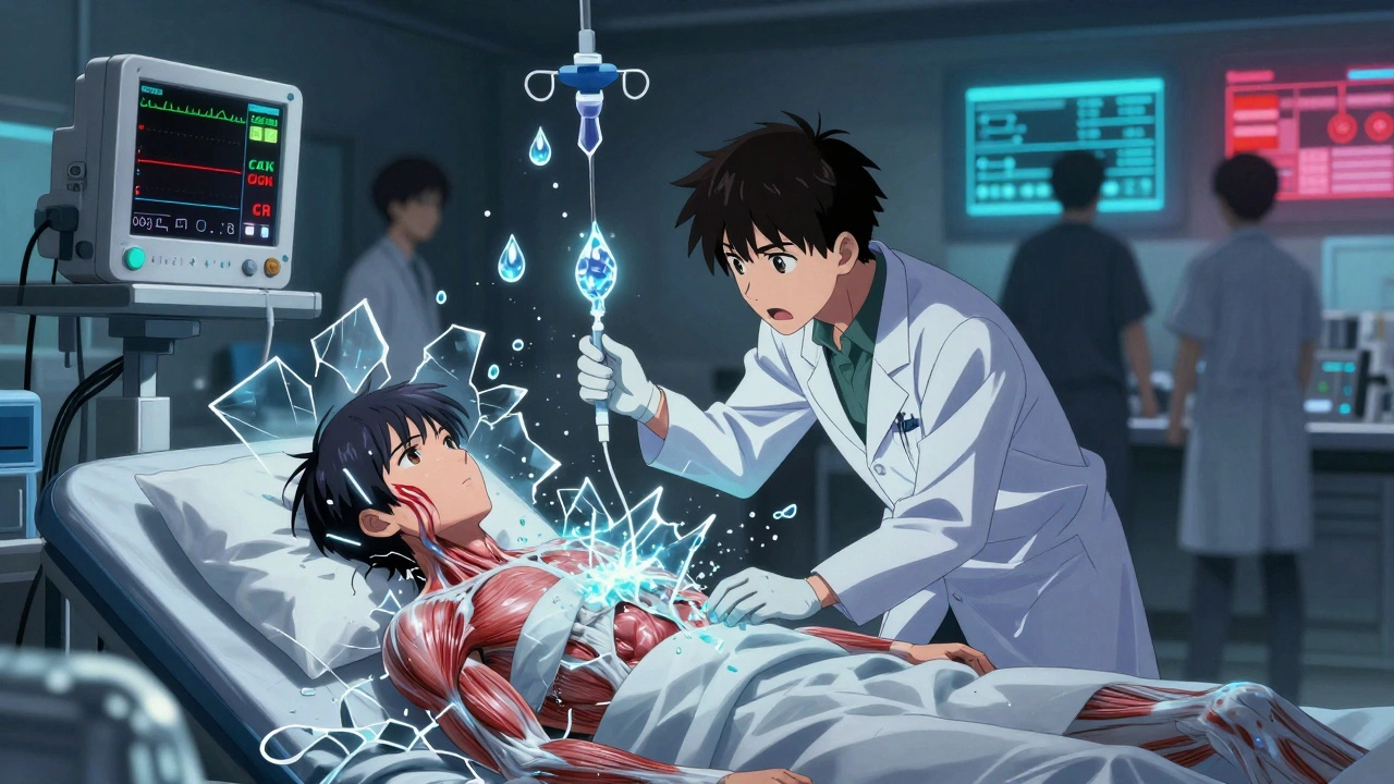 ER doctor giving IV fluids as shattered muscle cells and glowing crystals surround patient