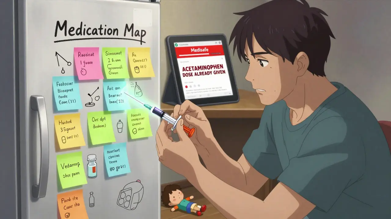 Father measuring medicine with a syringe beside a fridge covered in a colorful medication checklist.
