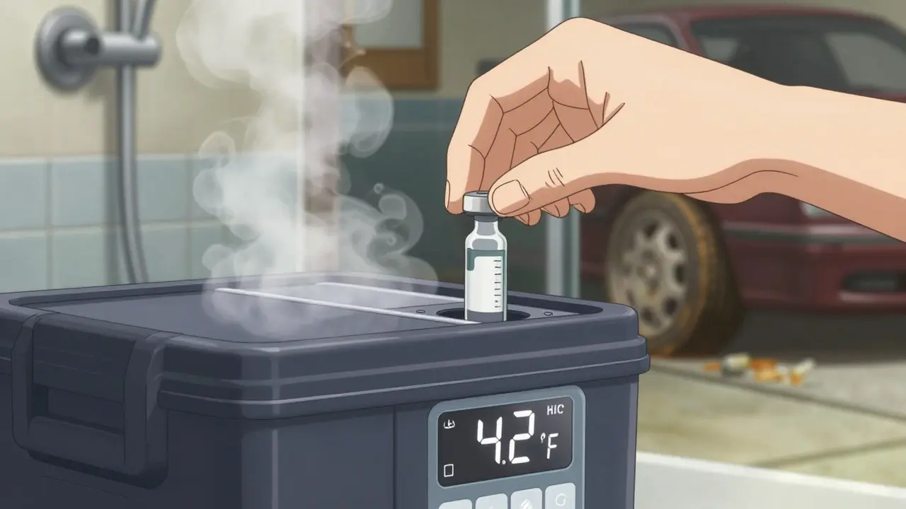 Hand placing insulin vial into battery-powered medical cooler, with unsafe storage environments blurred in background.