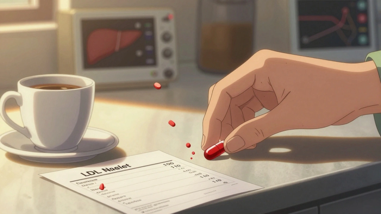 Hand placing Nexlizet pill on counter with blood test results showing lowered LDL.