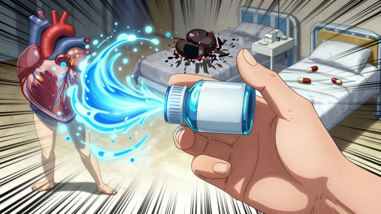 Hand shaking a liquid medicine bottle with glowing particles swirling inside, symbolic health paths visible behind.