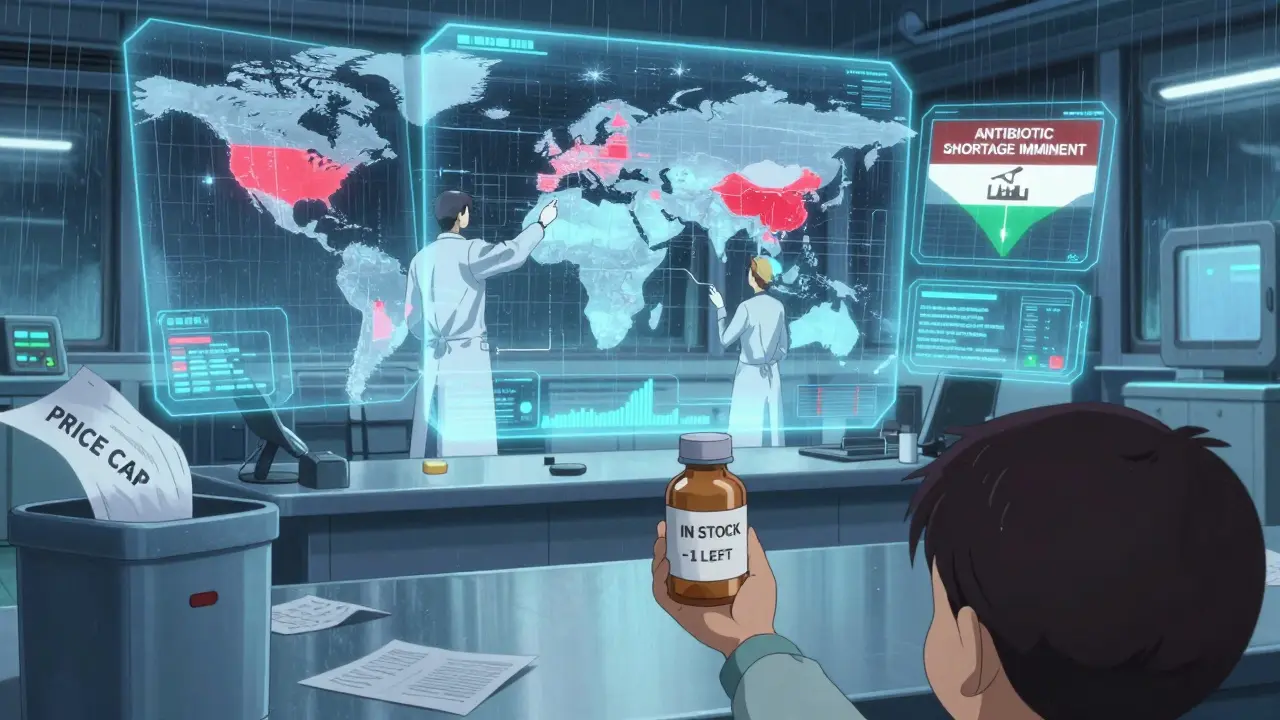 Holographic supply chain models glow in a hospital control room as a red alert flashes for an impending antibiotic shortage.