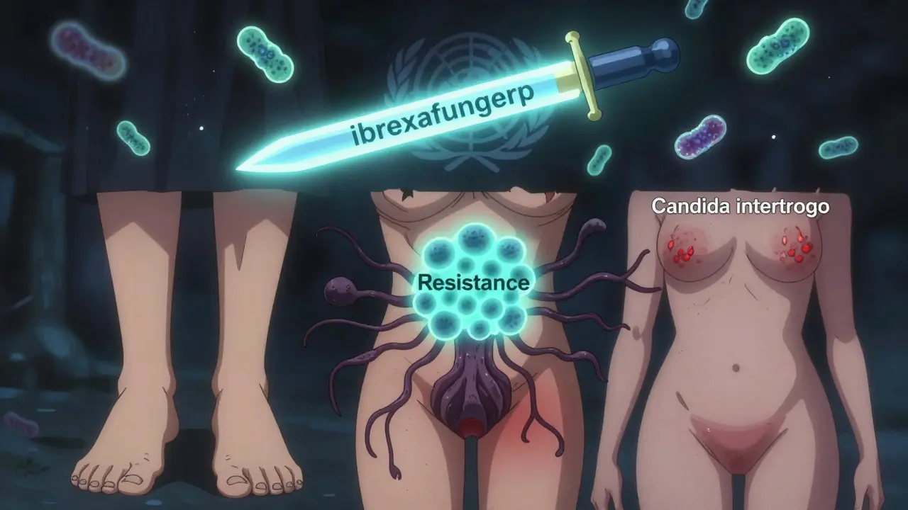 Human figure divided into three infected zones, fungal tendrils connecting to a spore cloud, new antifungal drug shining above.