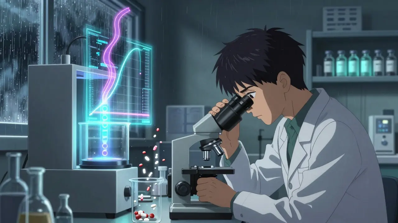 Lab technician examining drug particles under a microscope, with holographic dissolution graphs in a high-tech lab.