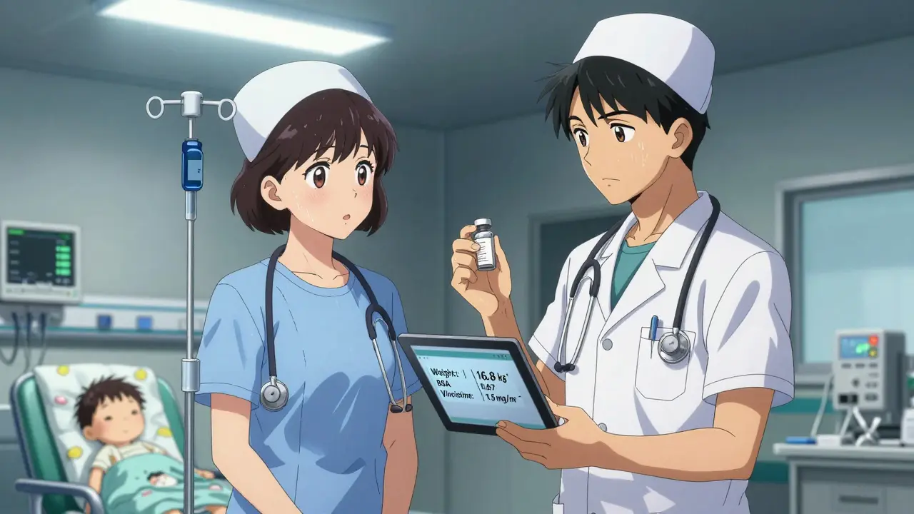 Nurse and pharmacist double-checking pediatric chemotherapy dose in hospital