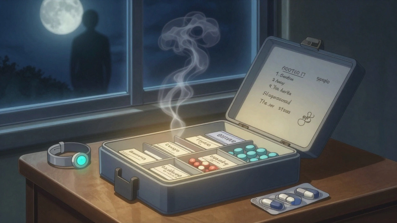 Open locked medicine box with clearly labeled pills beside a glowing medical alert bracelet at night.