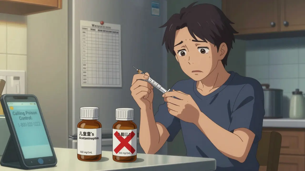 Parent holding dosing syringe beside two medicine bottles with warning over adult formulation