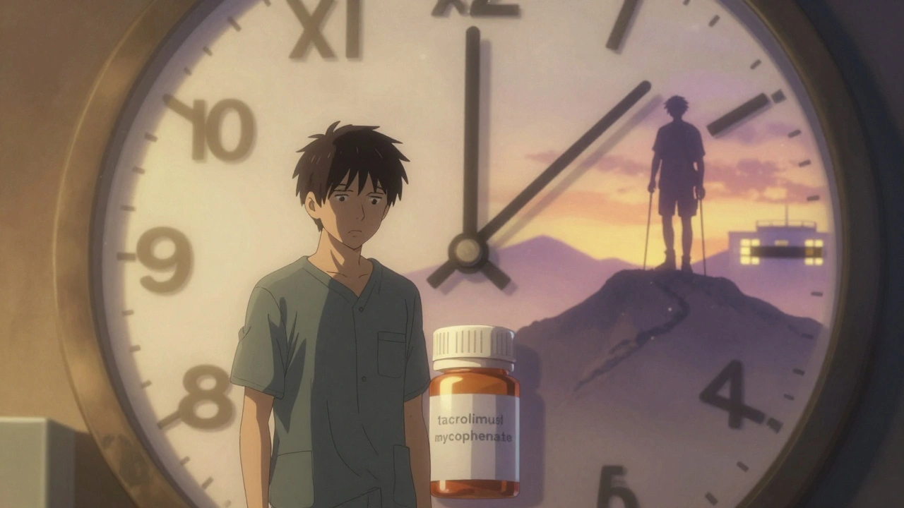 Patient facing a clock made of pill bottles, shadow becoming a healthy version of themselves on a mountain.