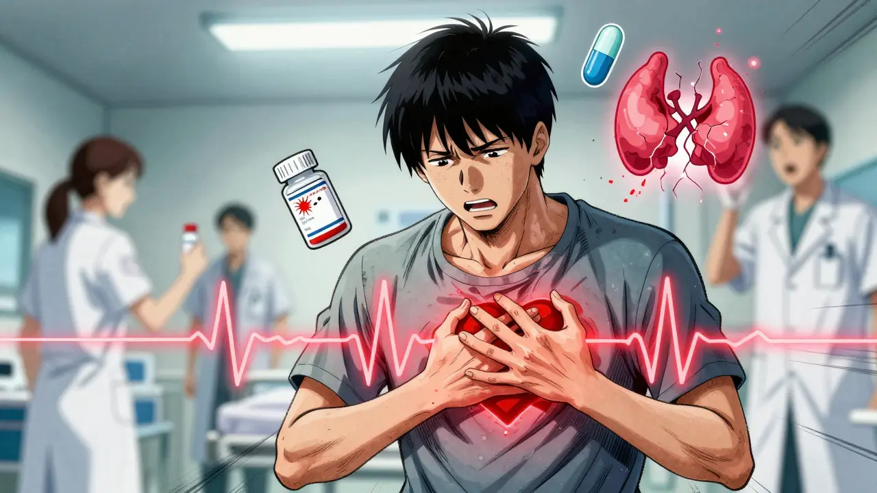 Patient in emergency room with glowing heart palpitations and medical icons floating around them, conveying drug-related crisis.