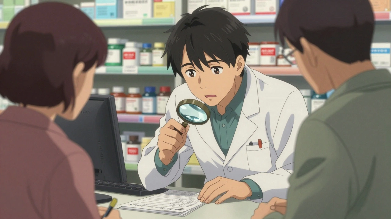 Pharmacist and caregiver carefully checking labeled pills and a medication list at a pharmacy counter.