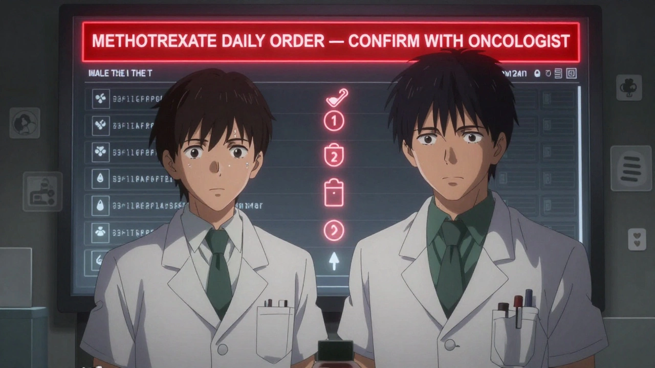 Pharmacist and oncologist confronting a red warning on electronic screen about methotrexate dosing error