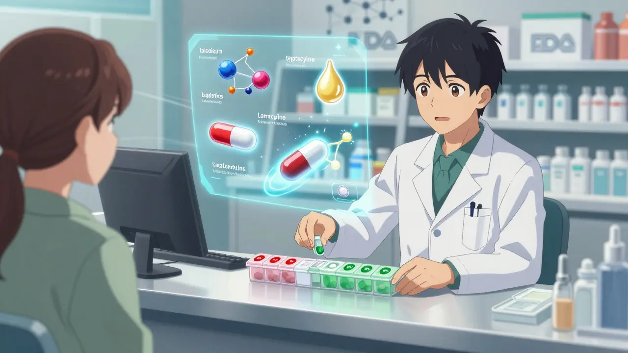 Pharmacist handing color-coded pill organizer with floating drug absorption animations.