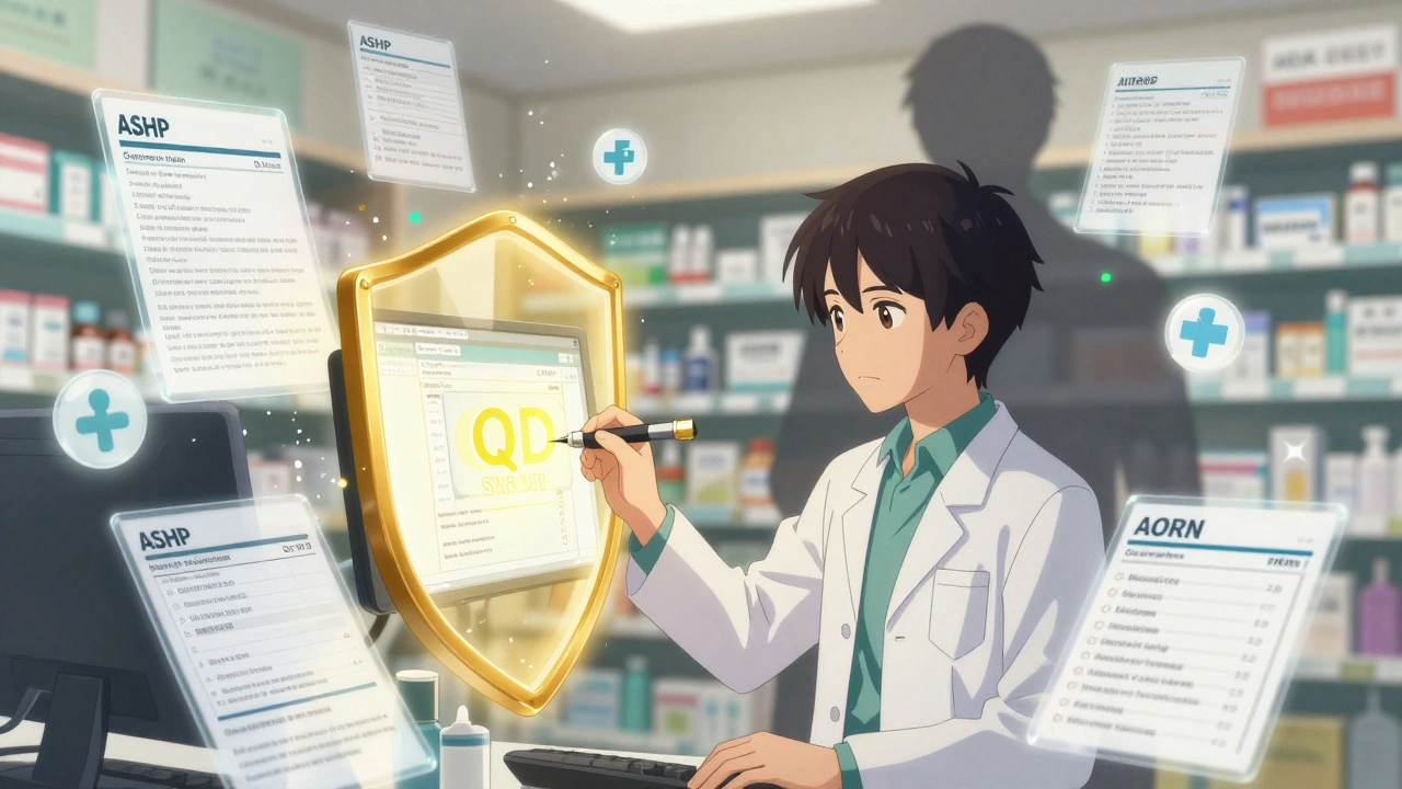 Pharmacist removing dangerous abbreviations from an EHR system with glowing safety guidelines around him.