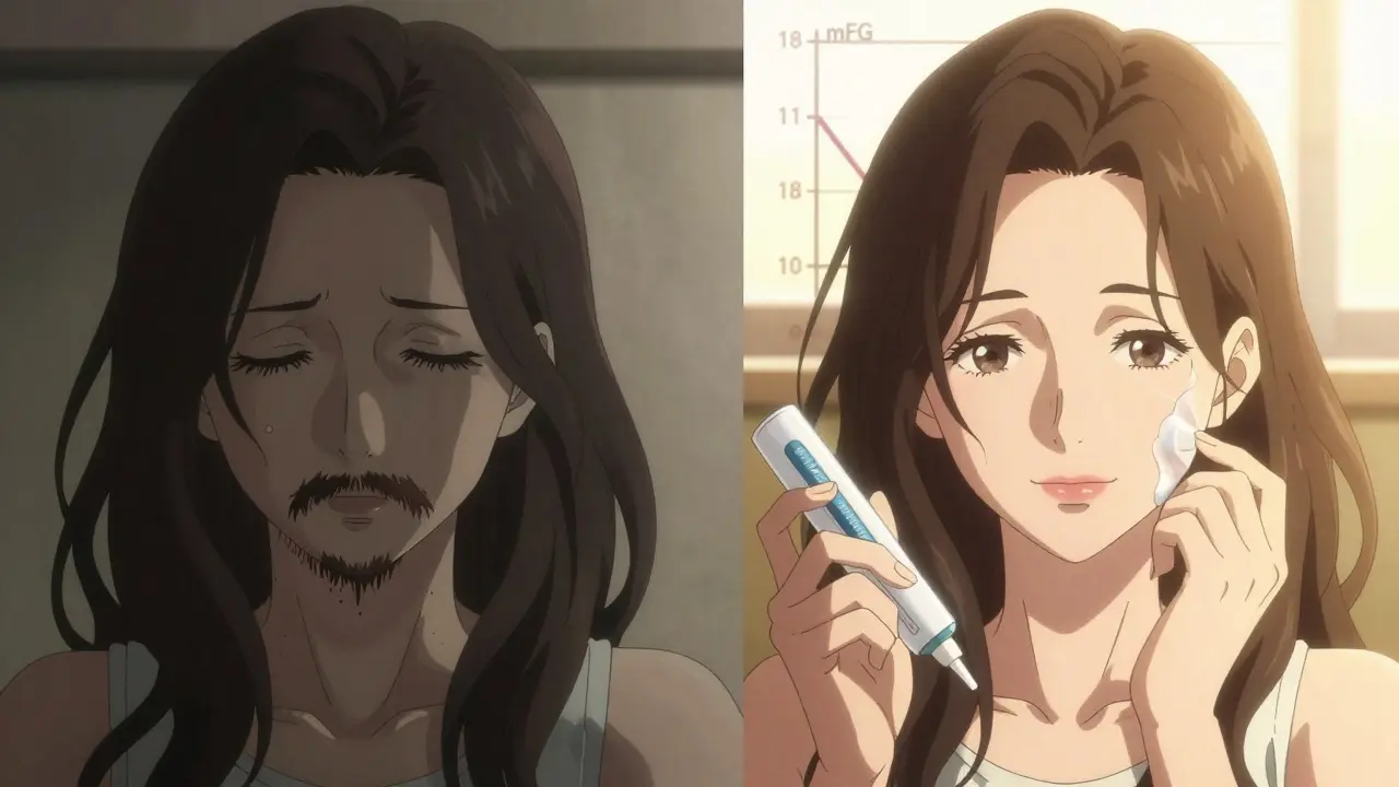 Side-by-side portrayal of a woman’s facial hair reduction over six months with improved confidence.