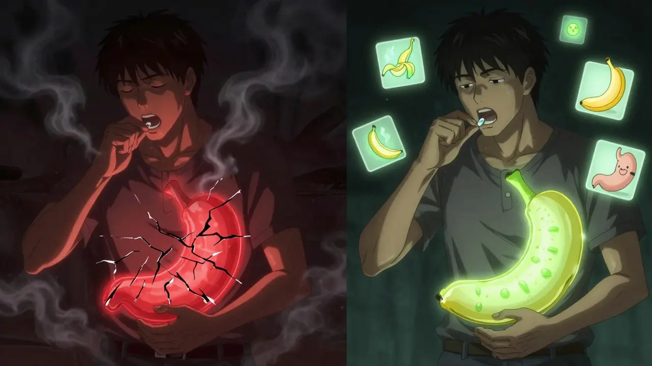 Split image: ibuprofen causing stomach damage vs. protecting it with food.