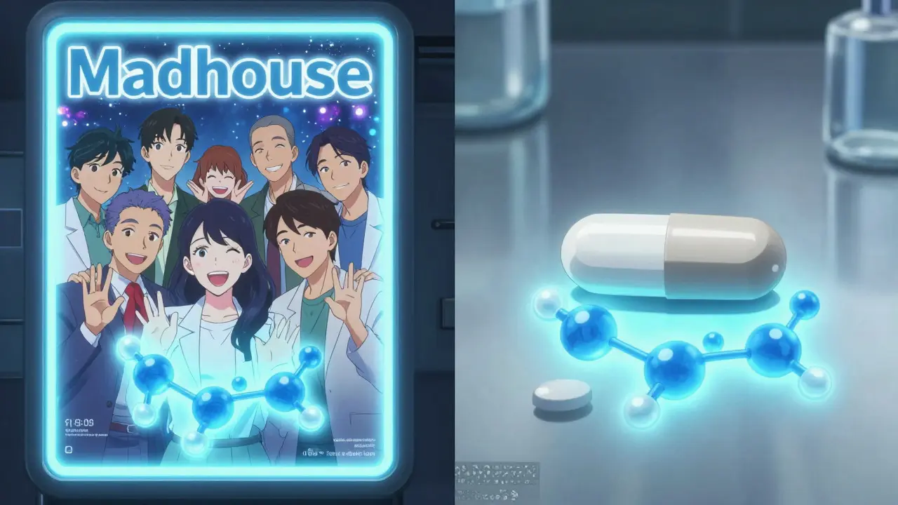 Split scene: a dazzling drug ad on one side, a plain generic pill with identical molecules on the other.