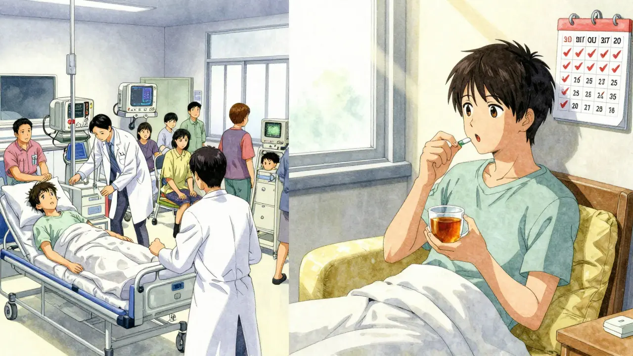 Split scene: chaotic emergency room versus calm home with daily medication routine and marked calendar.