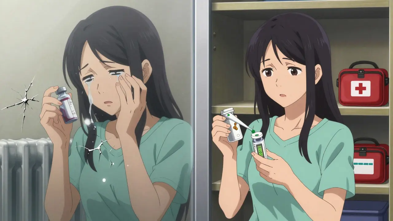 Split scene: degraded insulin beside radiator vs. properly stored meds in closet, symbolizing preparedness change.