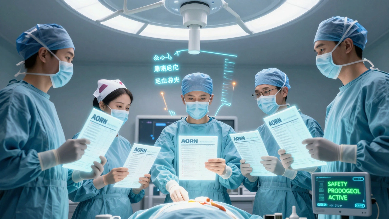 Surgical team conducting a safety huddle with holographic AORN checklists and AI alerts in the OR.