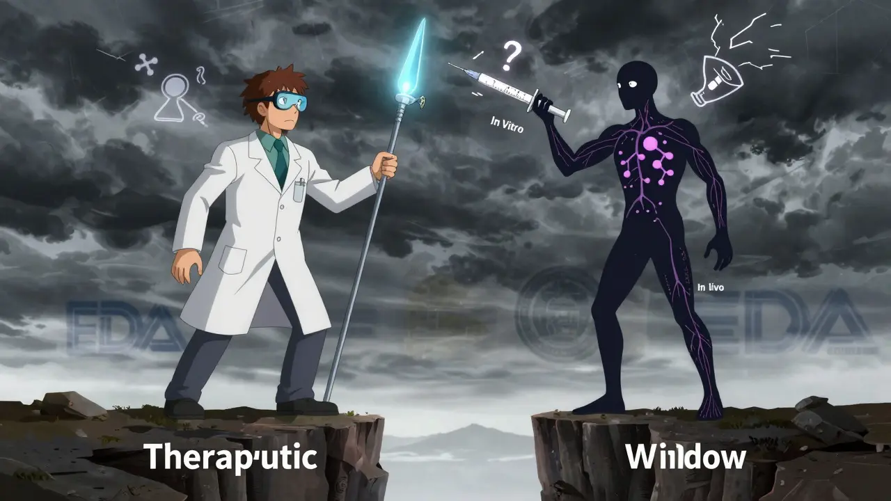 Symbolic battle between in vitro and in vivo testing methods, representing drug equivalence validation.