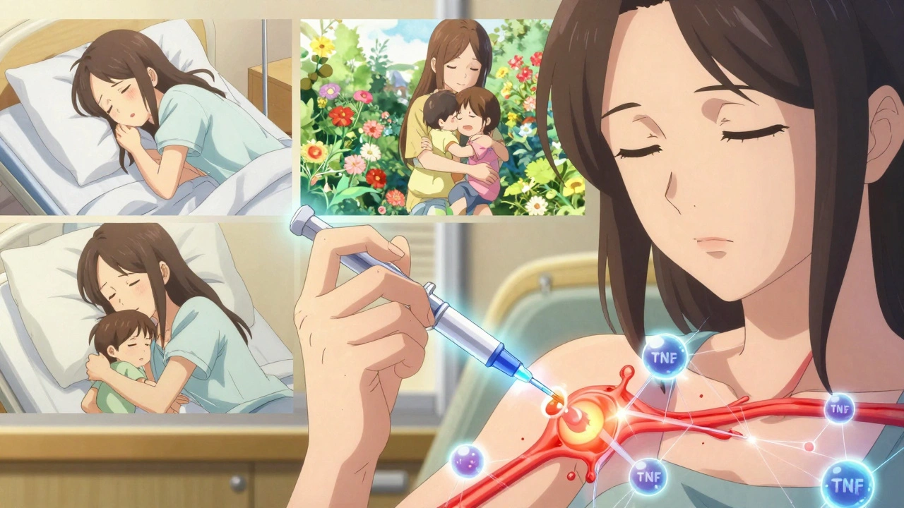 Woman injecting herself with a biologic pen, surrounded by molecular shields blocking inflammation, memories of past pain fading.