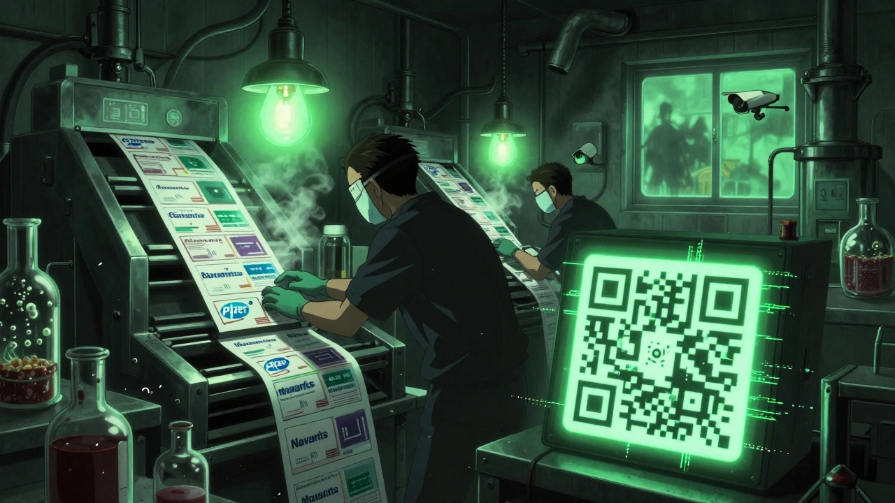 Workers in a hidden lab produce fake medicine with toxic chemicals, under flickering neon lights and glitching packaging.