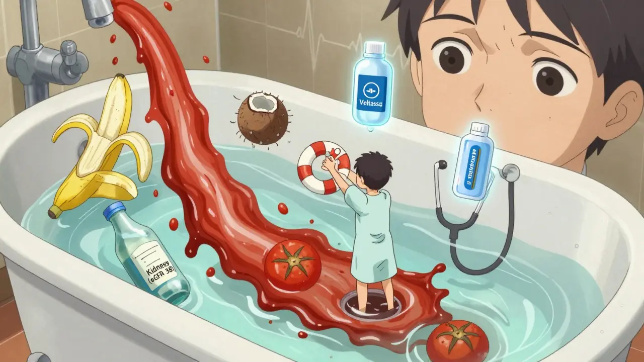A bathtub filled with rising potassium from foods like bananas and coconut water, a person reaching for help as medical icons offer rescue.