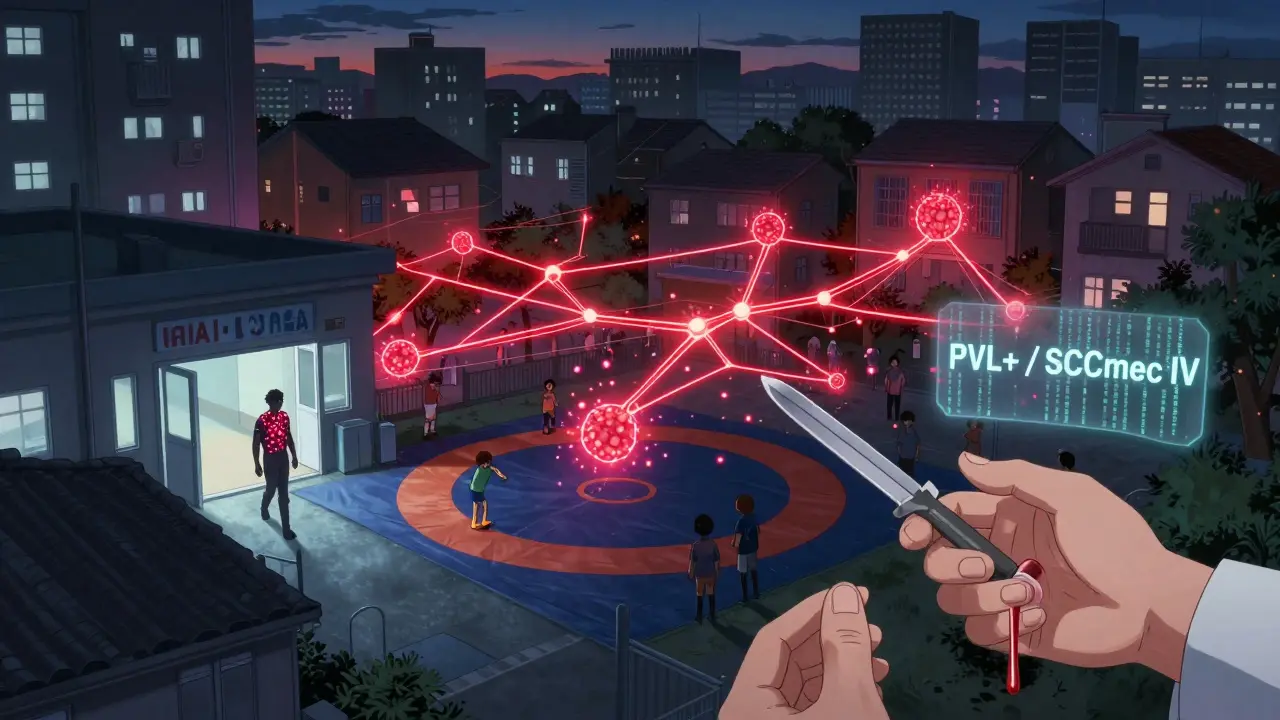 A city at dusk with MRSA spreading along glowing pathways between hospitals, gyms, and homes in anime style.