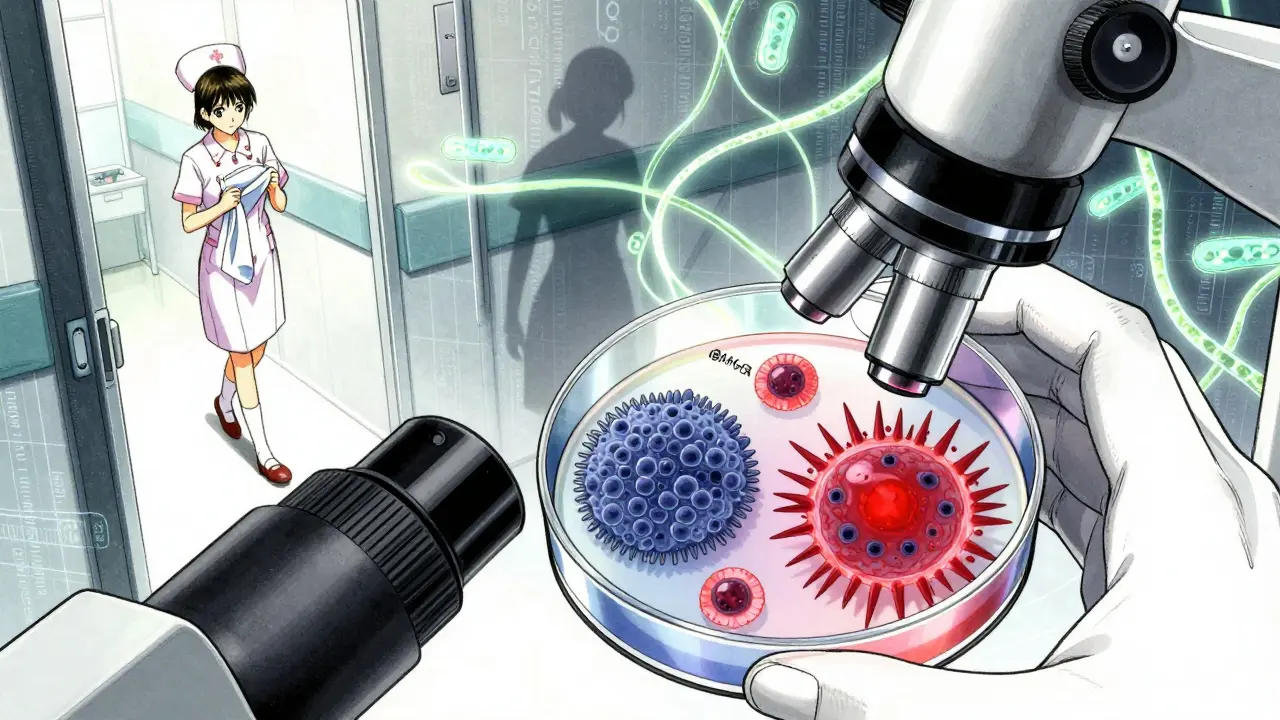 A doctor examines MRSA colonies under a microscope, with bacterial strains visually distinct and connected by glowing strands.