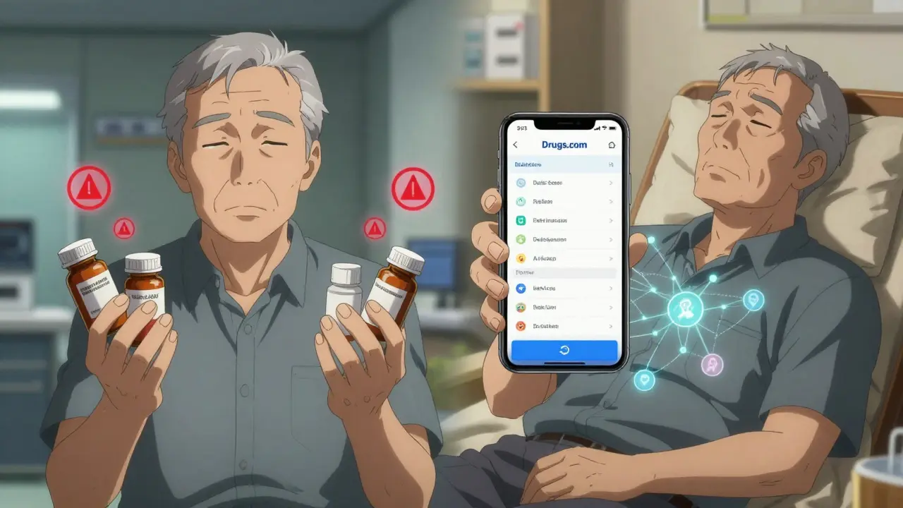 A man comparing dangerous drug interactions on his phone versus a safe, resolved view.