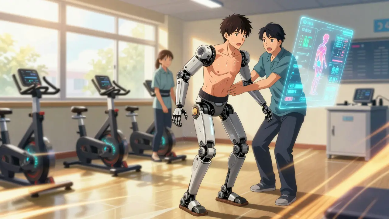 A patient walking in a robotic exoskeleton with therapists assisting, holographic data floating in a bright rehab center.