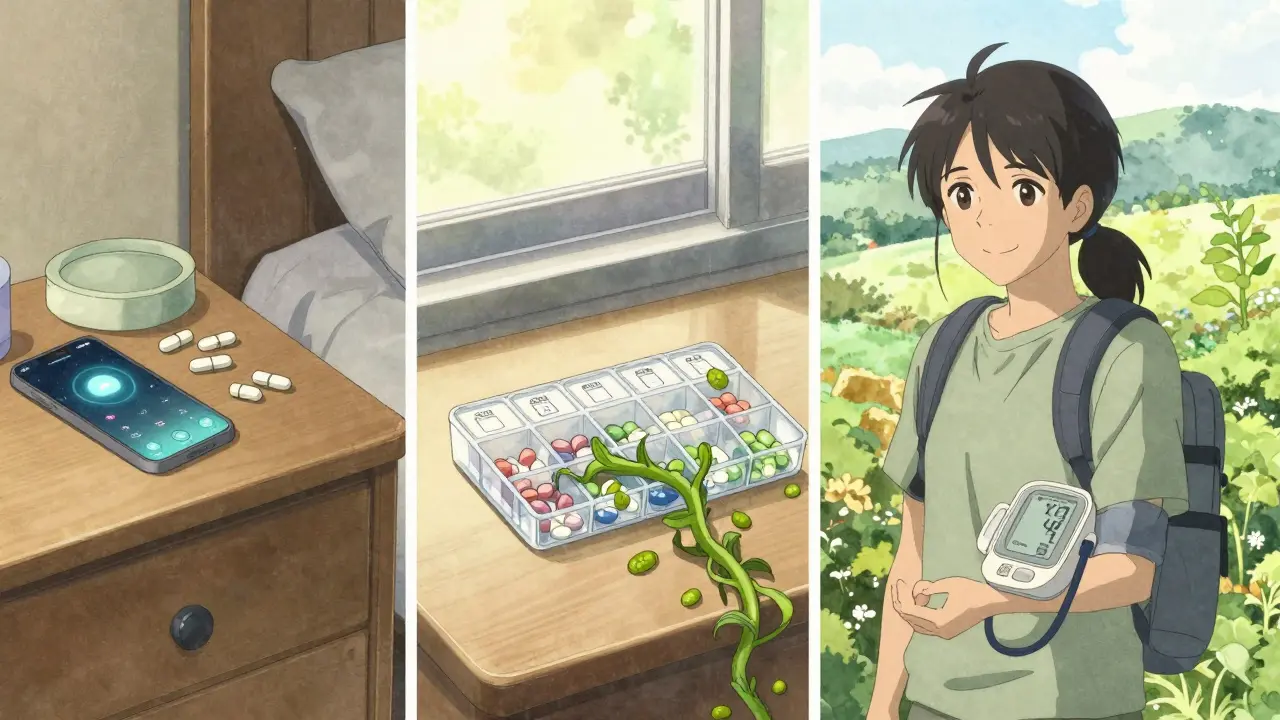 A person hikes happily, holding a blood pressure monitor, with a neatly filled pill organizer nearby symbolizing improved health.