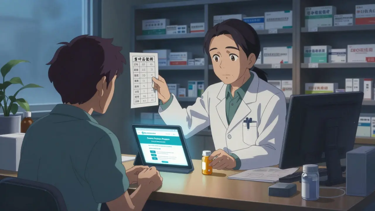 A pharmacist and patient discuss medication costs using a simple chart and tablet showing generic drug options.