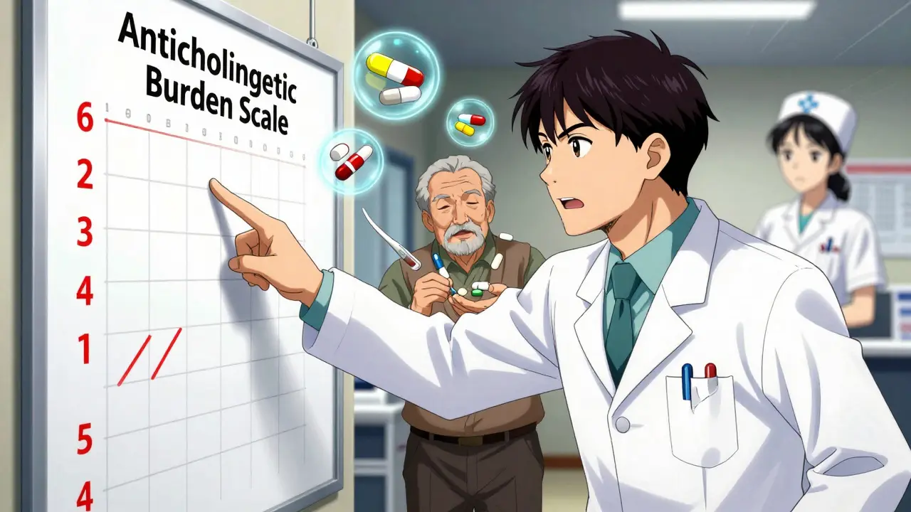 A pharmacist points to a chart showing high anticholinergic drug risk, with ghostly images of dangerous medications floating nearby.