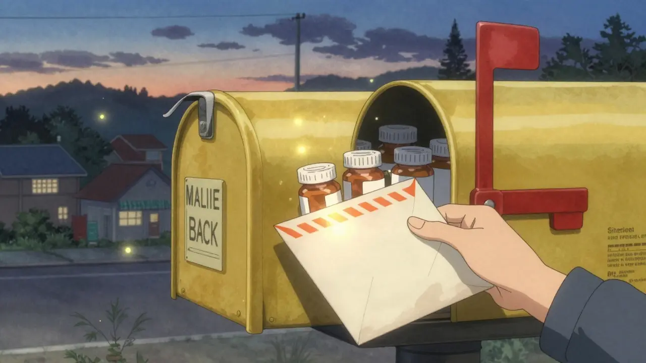A sealed envelope with medications being mailed for safe disposal